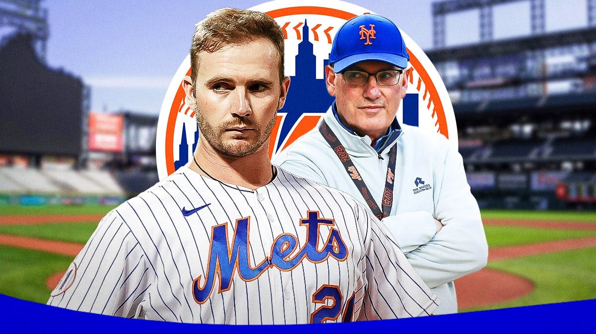 Pete Alonso and Steve Cohen in front of Mets logo