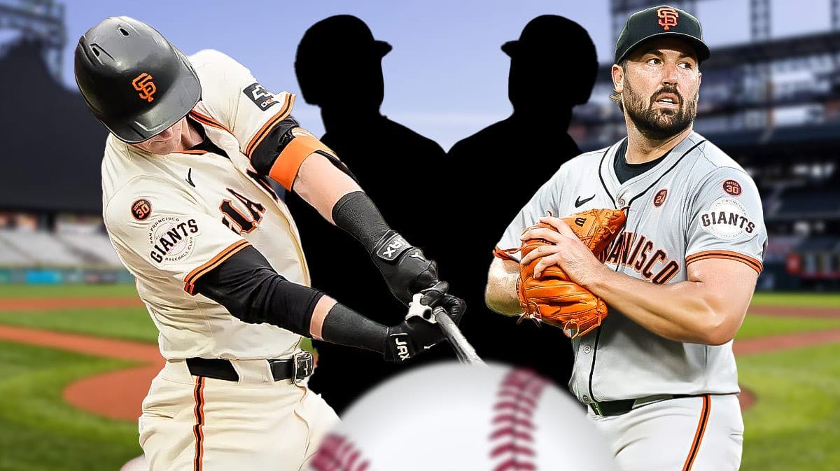 Giants Tyler Fitzgerald and Robbie Ray next to two fantasy baseball silhouettes