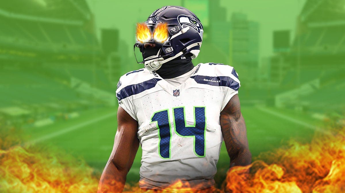 DK Metcalf with fire in his eyes featuring a Seahawks-colored background.