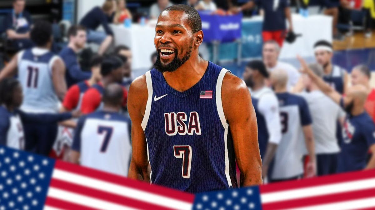 Happy Kevin Durant with a Team USA/Warriors-themed background.