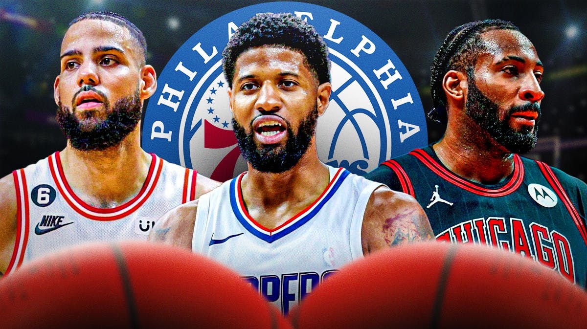 Paul George in middle, Caleb Martin and Andre Drummond on either side, Philadelphia 76ers logo, basketball court in background