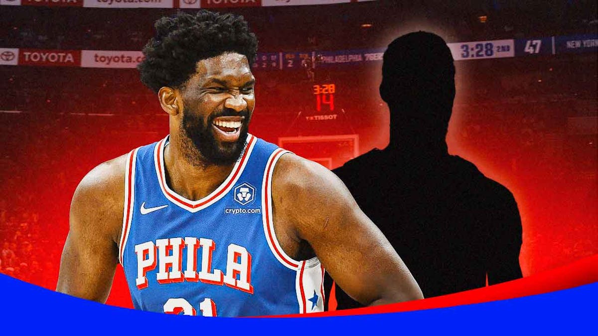 76ers' Joel Embiid next to a silhouette of a player