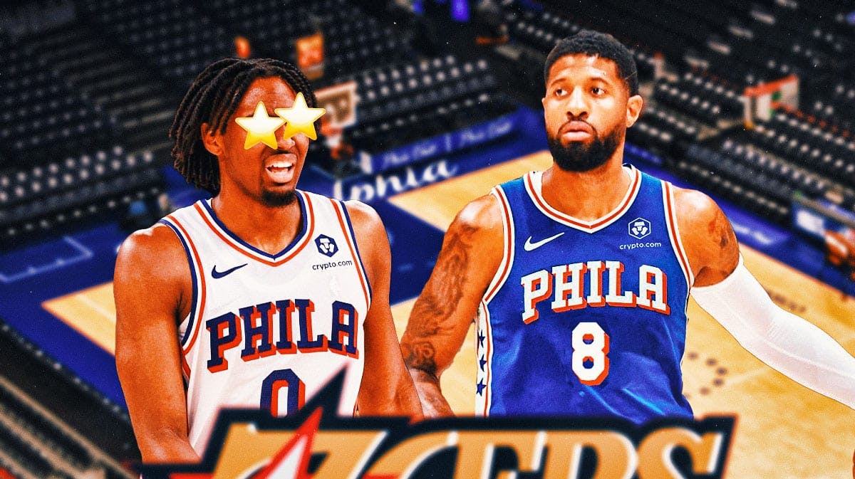 76ers' Tyrese Maxey with stars covering his eyes looking at Paul George