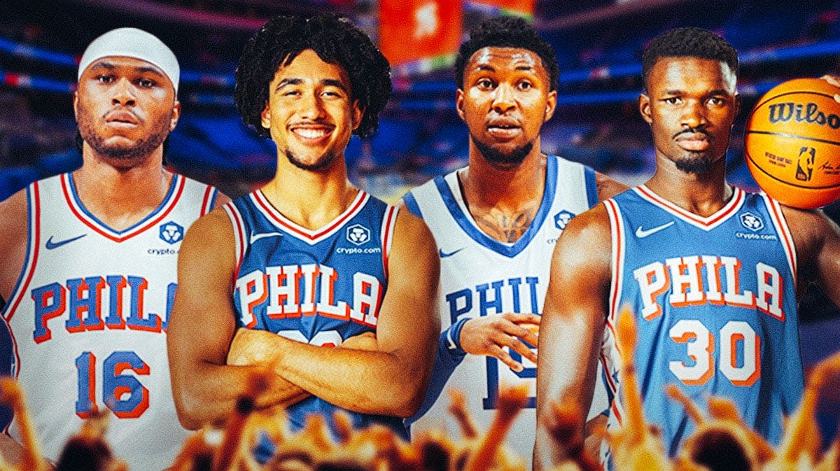 Ricky Council IV, Jared McCain, Justin Edwards and Adem Bona in image, Philadelphia 76ers logo, basketball court in background