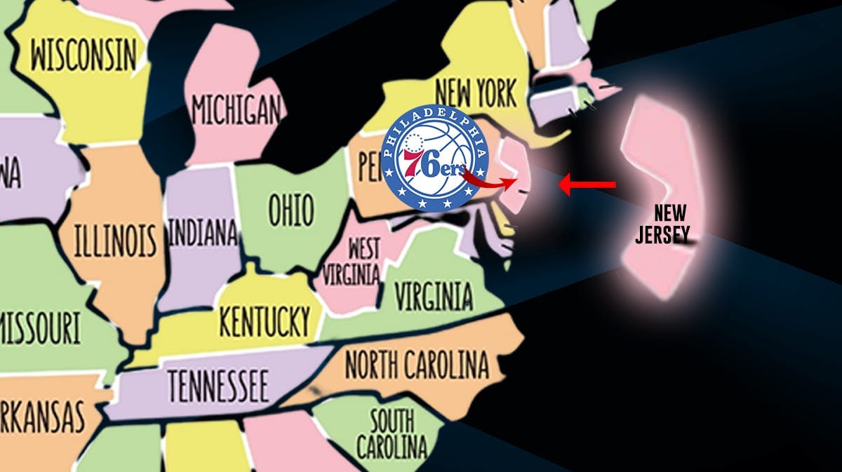 Show Map of USA with Philadelphia (show 76ers logo) and New Jersey highlighted and a curved arrow moving starting from Philadelphia to New Jersey