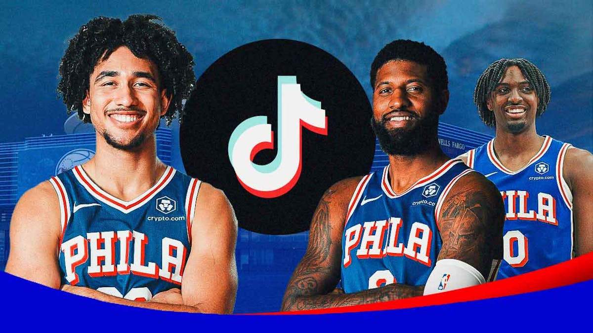 Sixers Tyrese Maxey, Paul George and Jared McCain next to the TikTok logo