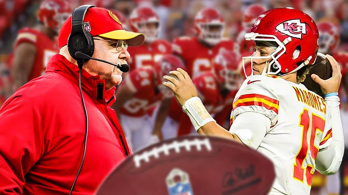 Chiefs coach Andy Reid and Patrick Mahomes looking concerned at the roster.