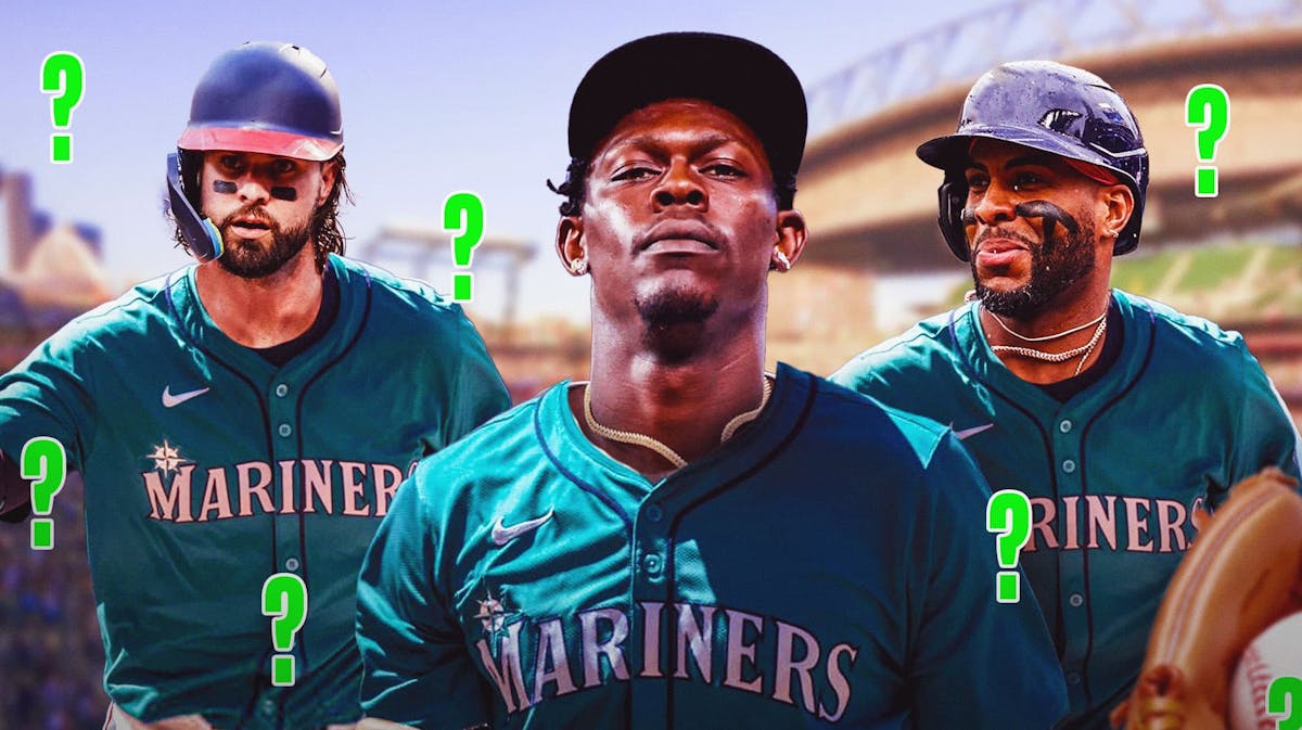 Jazz Chisholm Jr., Yandy Díaz and Jesse Winker all hitting in Seattle Mariners uniforms with green question marks surrounding them as the Mariners could trade for the players at the MLB trade deadline.