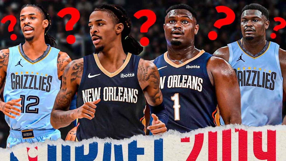 Zion Williamson in both a Grizzlies jersey and Pelicans jersey as well as Ja Morant in both a Grizzlies jersey and Pelicans jersey. Question marks around the graphic. 2019 NBA Draft logo front and center.