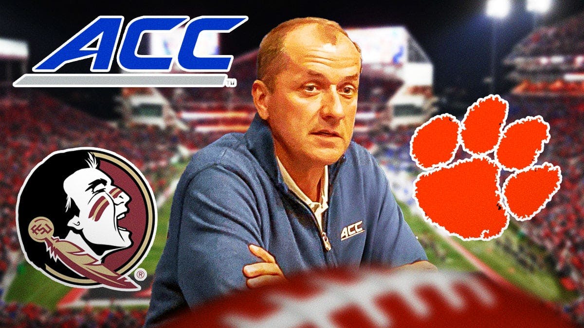 ACC (Atlantic Coast Conference) logo on top left side, ACC Commissioner Jim Phillips on top right side, Florida State logo on bottom left side, Clemson logo on bottom right side