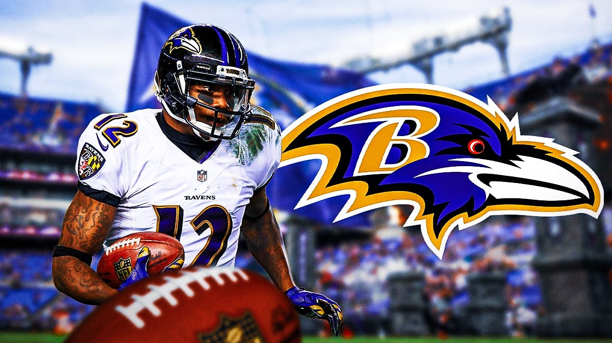 Former Baltimore Ravens wide receiver Jacoby Jones with a logo for the Baltimore Ravens.