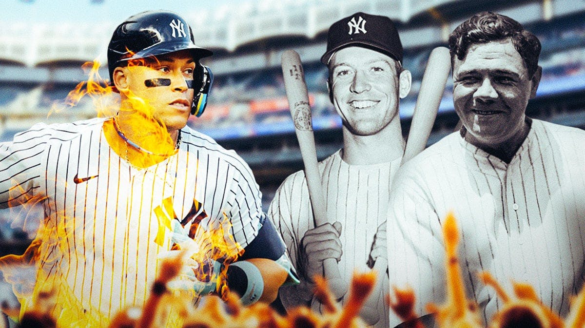 Aaron Judge on one side on fire, Babe Ruth and Mickey Mantle on the other side