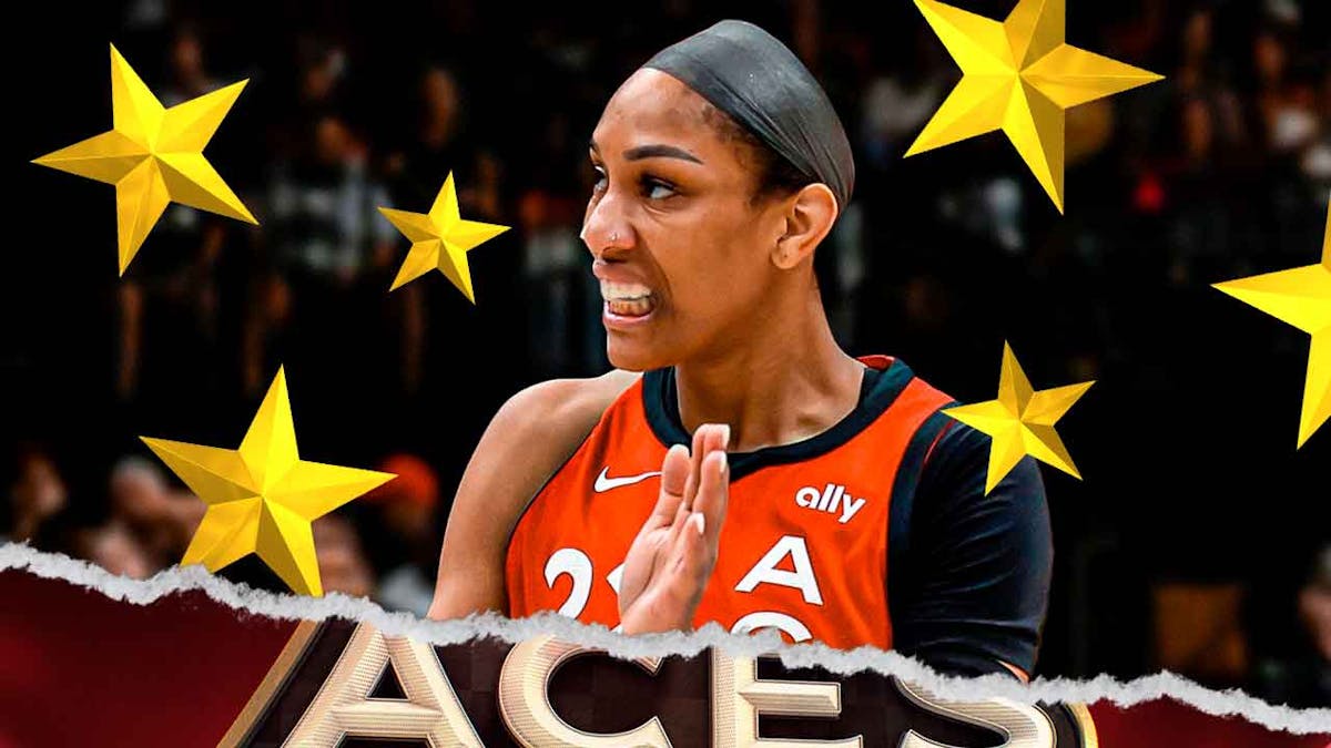 WNBA Las Vegas Aces player A'ja Wilson on a basketball court with stars all around her.