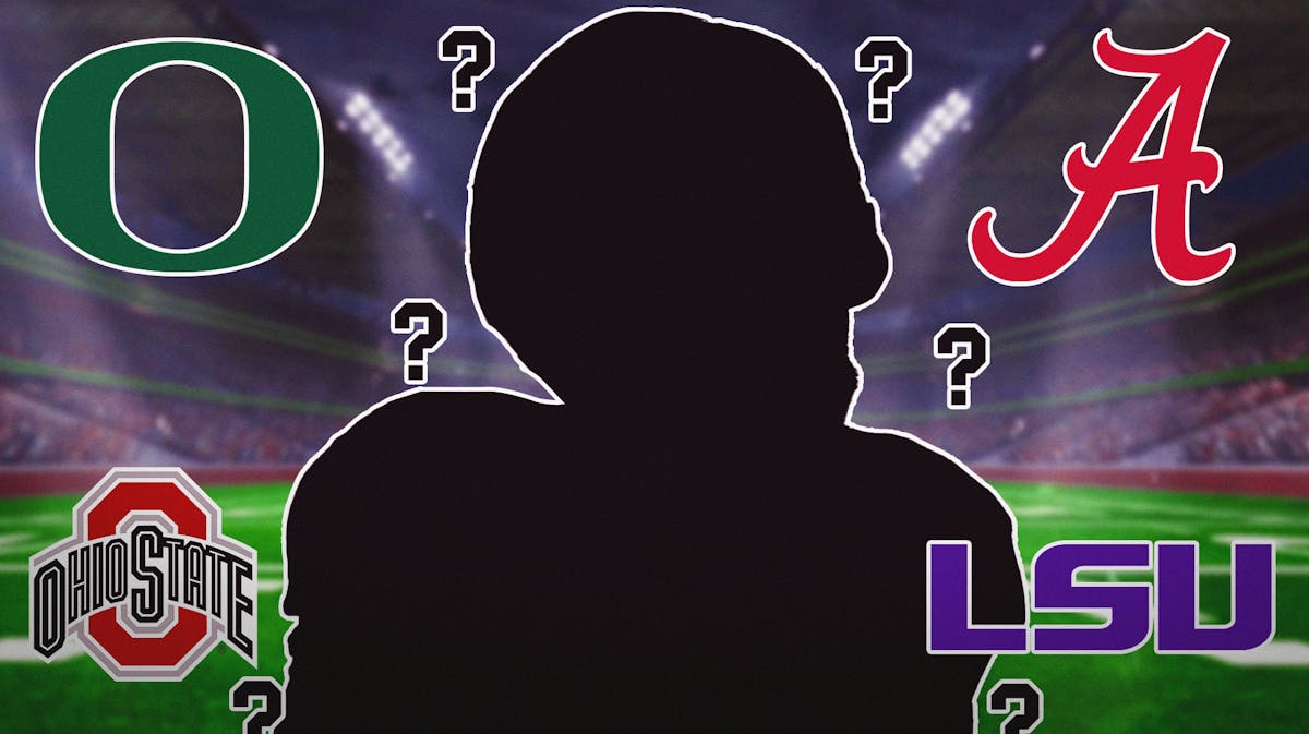 Blank player silhouette in center, Oregon Ducks logo on top left, Alabama Crimson Tide logo on top right, LSU Tigers logo on bottom right, Ohio State Buckeyes logo on bottom left, question marks around player silhouette, football field in background