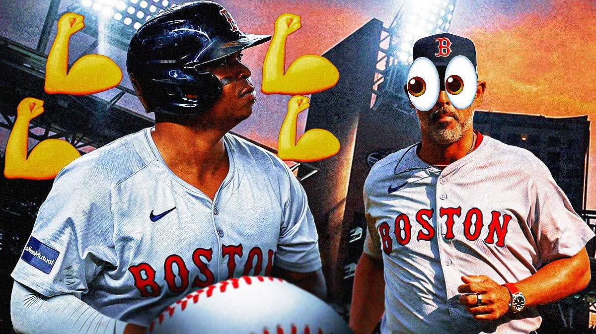Rafael Devers with a bunch of the flexing arms emojis around him on one side, Alex Cora on the other side with the big eyes emoji over his face