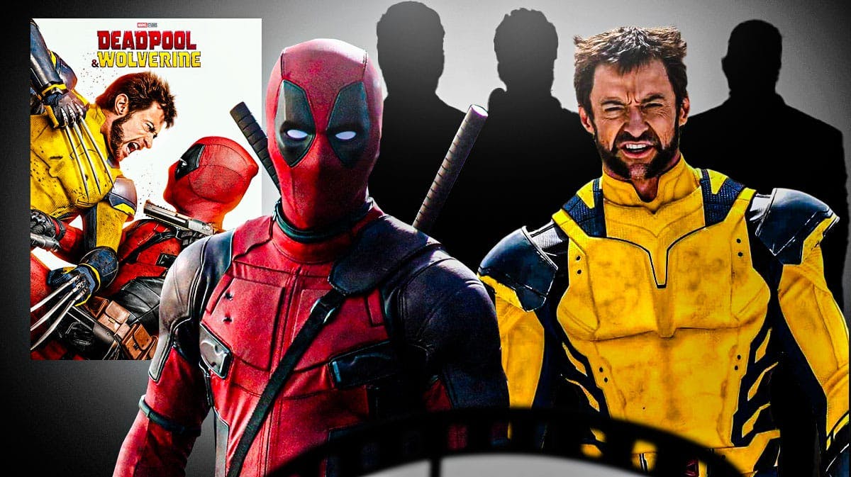 Deadpool and Wolverine poster with Ryan Reynolds and Hugh Jackman as Marvel characters with three silhouettes of cameos.