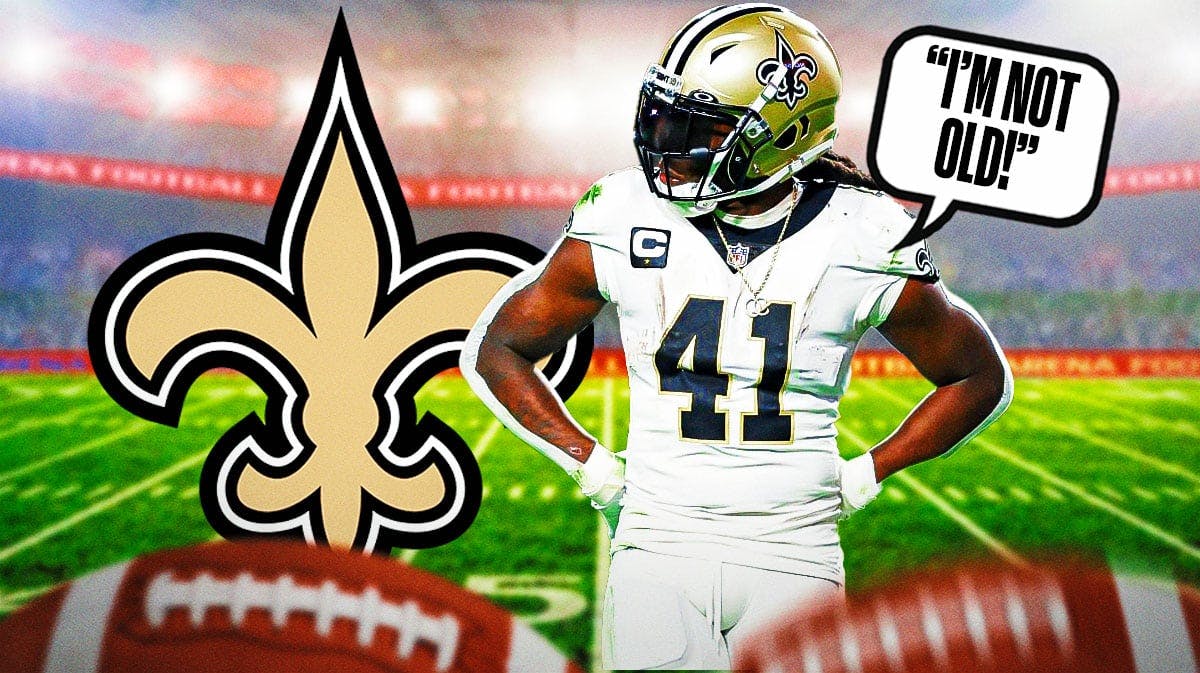 New Orleans Saints RB Alvin Kamara with a speech bubble that says “I’m not old!” There is also a logo for the New Orleans Saints.