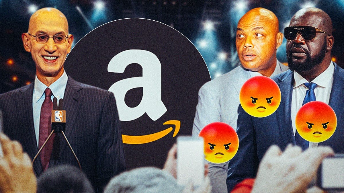 Adam Silver, Amazon logo. Charles Barkley and Shaquille O'Neal with angry emojis around them.