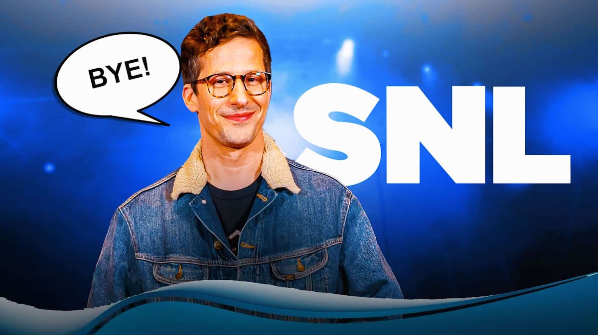 Andy Samberg with speech bubble "Bye!", SNL logo