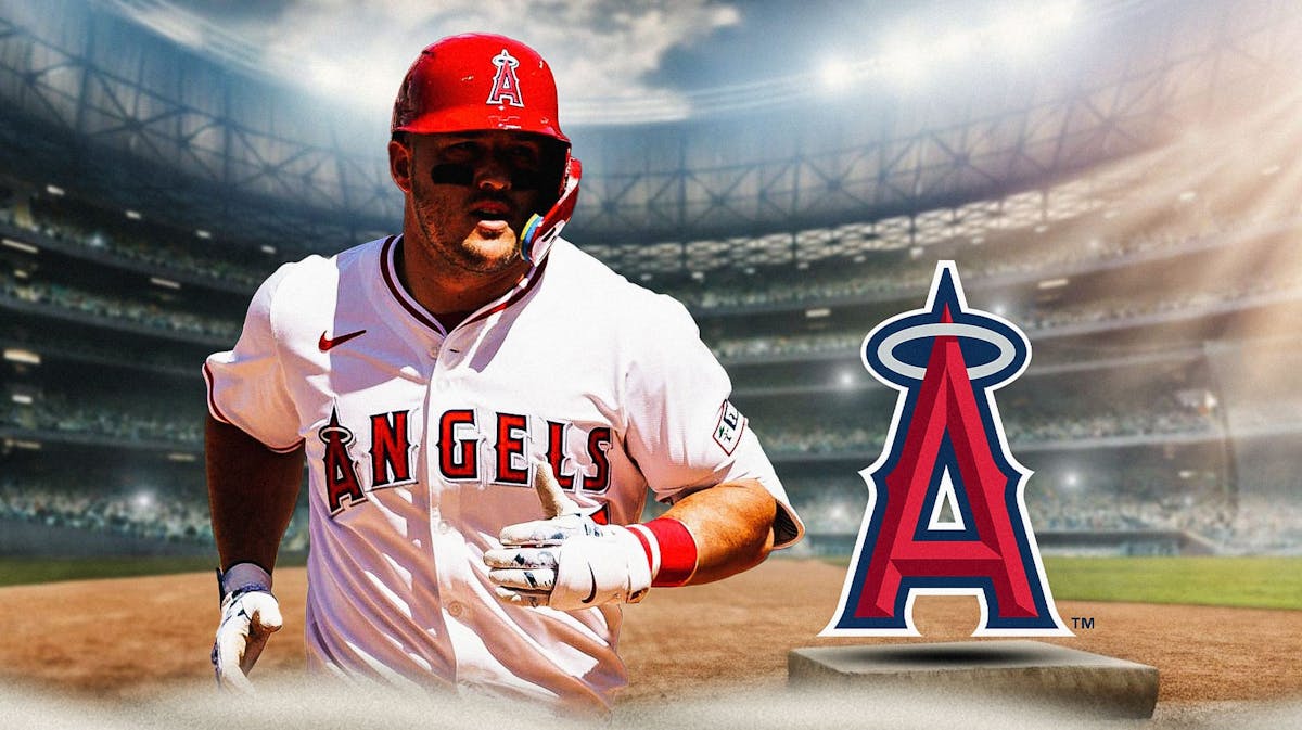 Angels outfielder Mike Trout in front of Angel Stadium