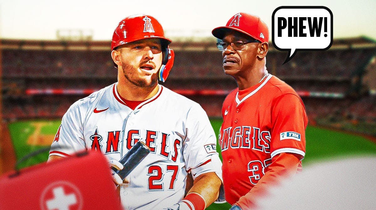 Mike Trout on one side with an injury kit in front of him, Ron Washington on the other side with a speech bubble that says "Phew!"