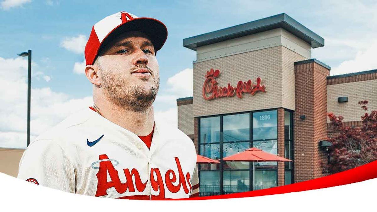 Angels Mike Trout smiling on left. Place a Chick-fil-A restaurant on the right.