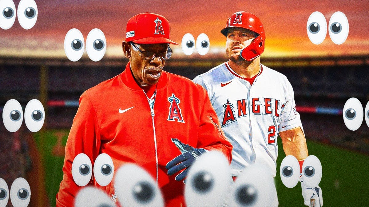Angels Ron Washington, Angels Mike Trout both looking serious at Angel Stadium. Place the eyes emoji all over the image looking at Trout and Washington.
