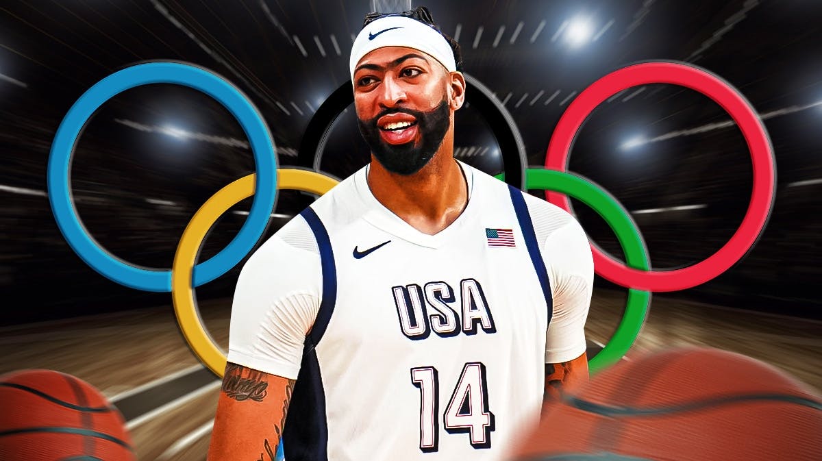 Anthony Davis in his Team USA basketball jersey with the Olympics logo in the background, Lakers