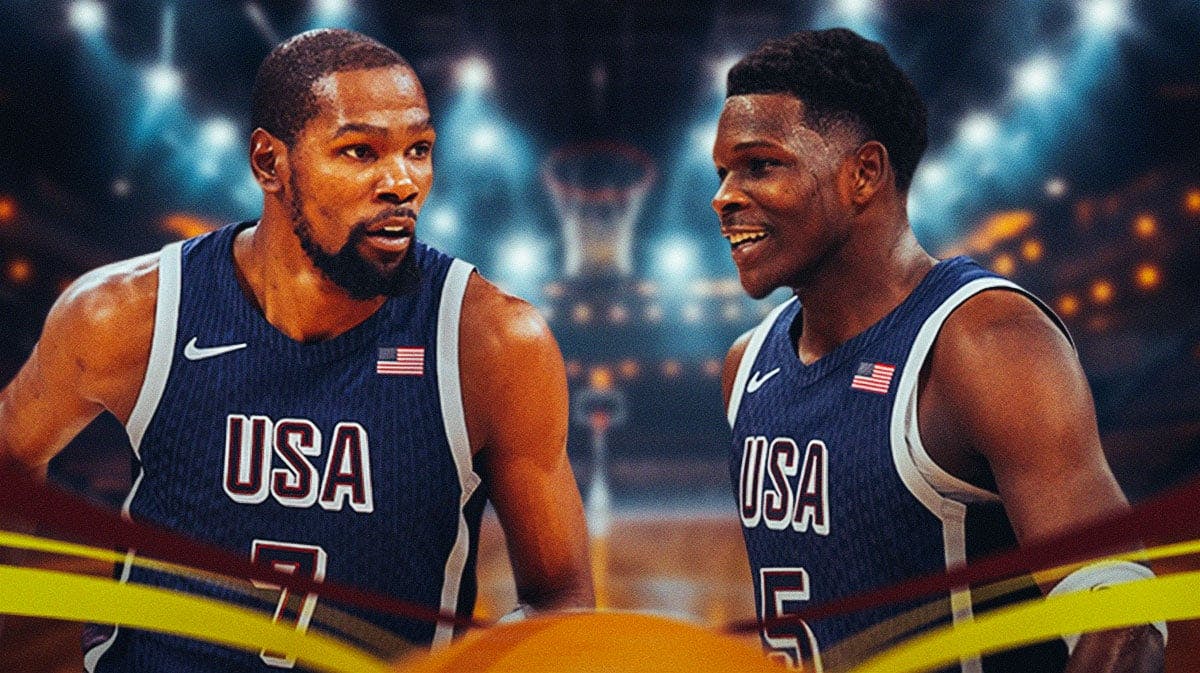 A picture of Anthony Edwards in a USA Olympics jersey on the left and Kevin Durant in a USA Olympics jersey on the right with a basketball court in the background.
