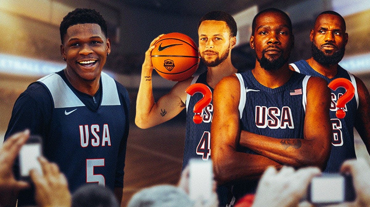 Timberwolves' Anthony Edwards in a Team USA uniform smiling at Stephen Curry, Kevin Durant, and LeBron James (all in Team USA uniforms), with question marks around Curry, Durant, and James