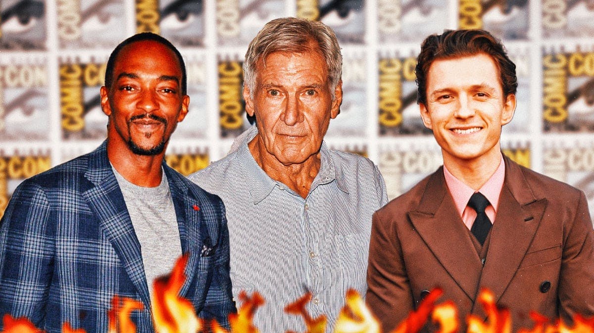 Marvel stars Anthony Mackie, Harrison Ford, and Tom Holland with San Diego Comic-Con (SDCC) background.
