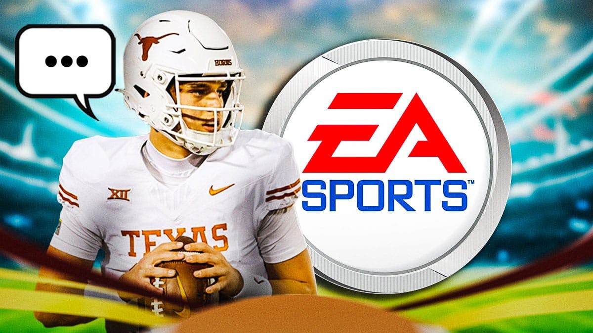 University of Texas QB Arch Manning with a speech bubble that has the three dots emoji inside. There is also a logo for EA Sports.
