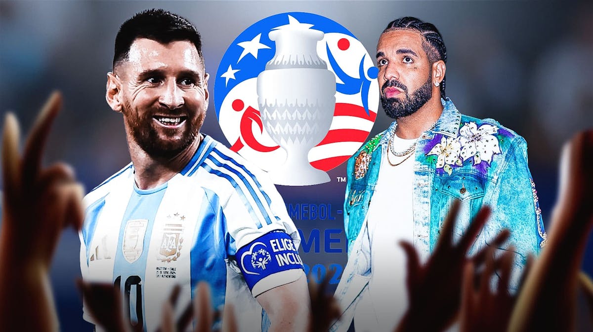 Lionel Messi smiling, Drake looking at him from the side, the Copa America logo at the back