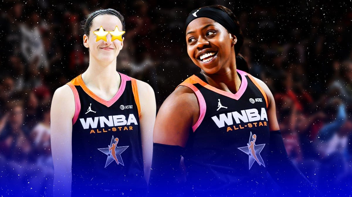 Arike Ogunbowale shooting a basketball at the 2024 WNBA All-Star Game. Have Caitlin Clark in her 2024 WNBA All-Star Game jersey looking at Arike with stars in her eyes.