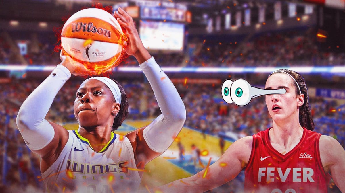 Wings Arike Ogunbowale shooting a basketball. Have fire coming off the ball. Place Fever Caitlin Clark watching with eyes popping out.
