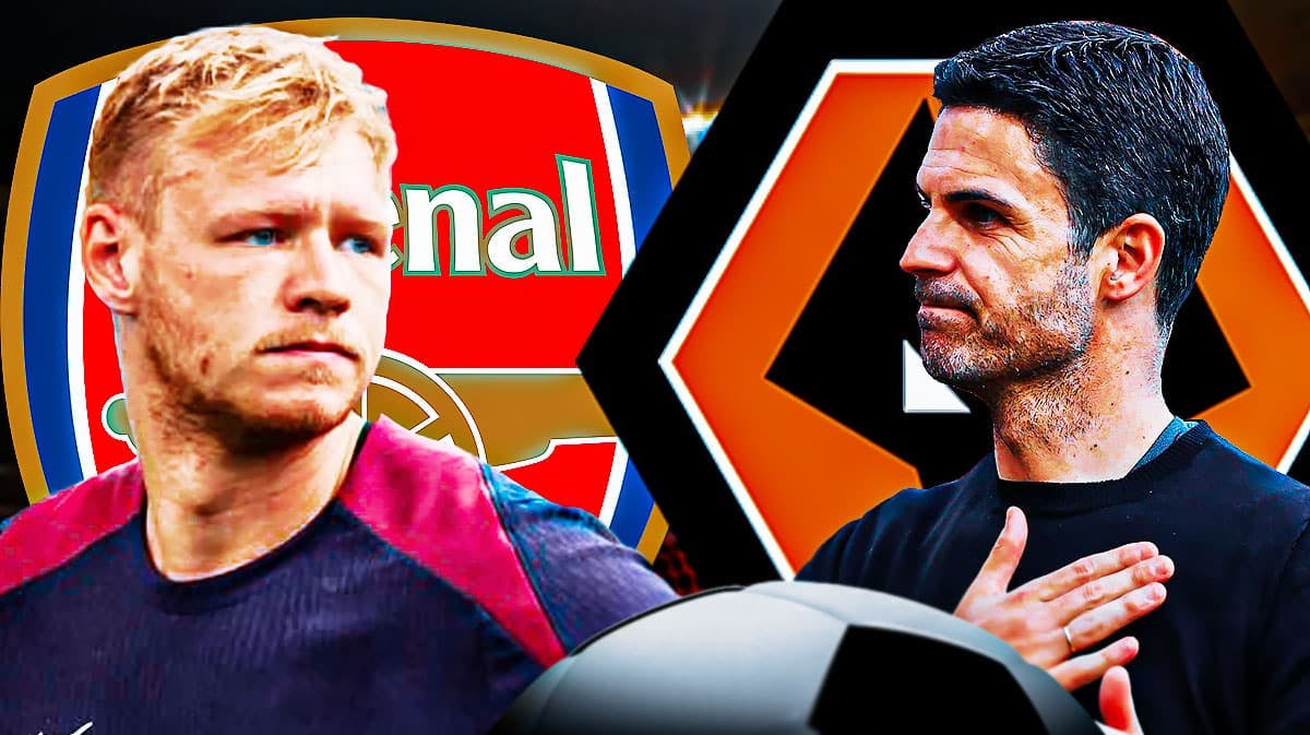Aaron Ramsdale and Mikel Arteta in front of the Arsenal and Wolverhampton logos