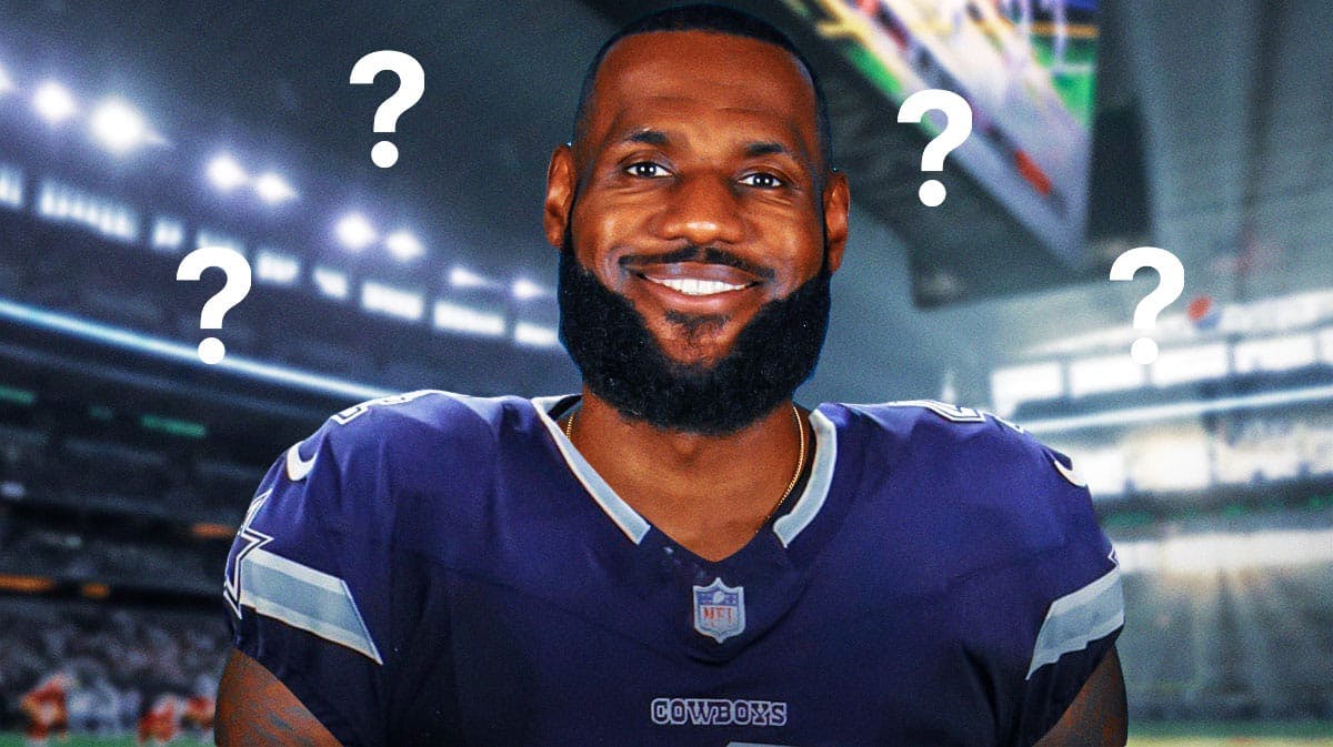 LeBron James in a Dallas Cowboys football uniform with question marks all around