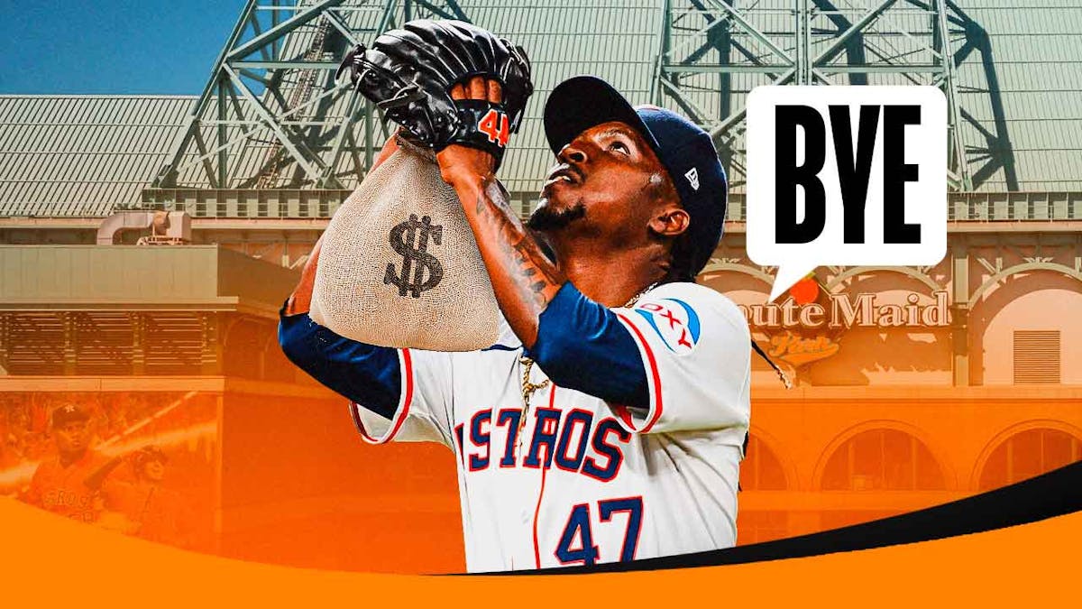 Astros Rafael Montero holding a bag of money outside of Minute Maid Park. Have him saying the following: Bye