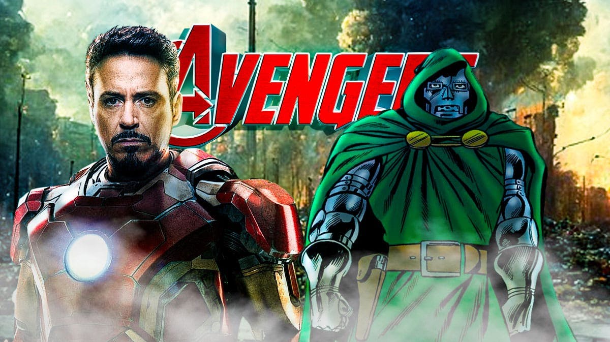 Robert Downey Jr. as Iron Man, who could return in Avengers 5, with logo and Doctor Doom from Marvel Comics.