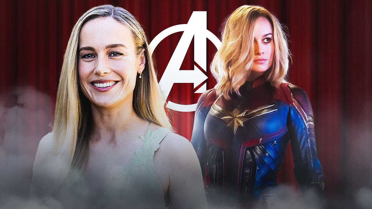 Brie Larson next to Captain Marvel from the Marvel Cinematic Universe (MCU) and Avengers logo.