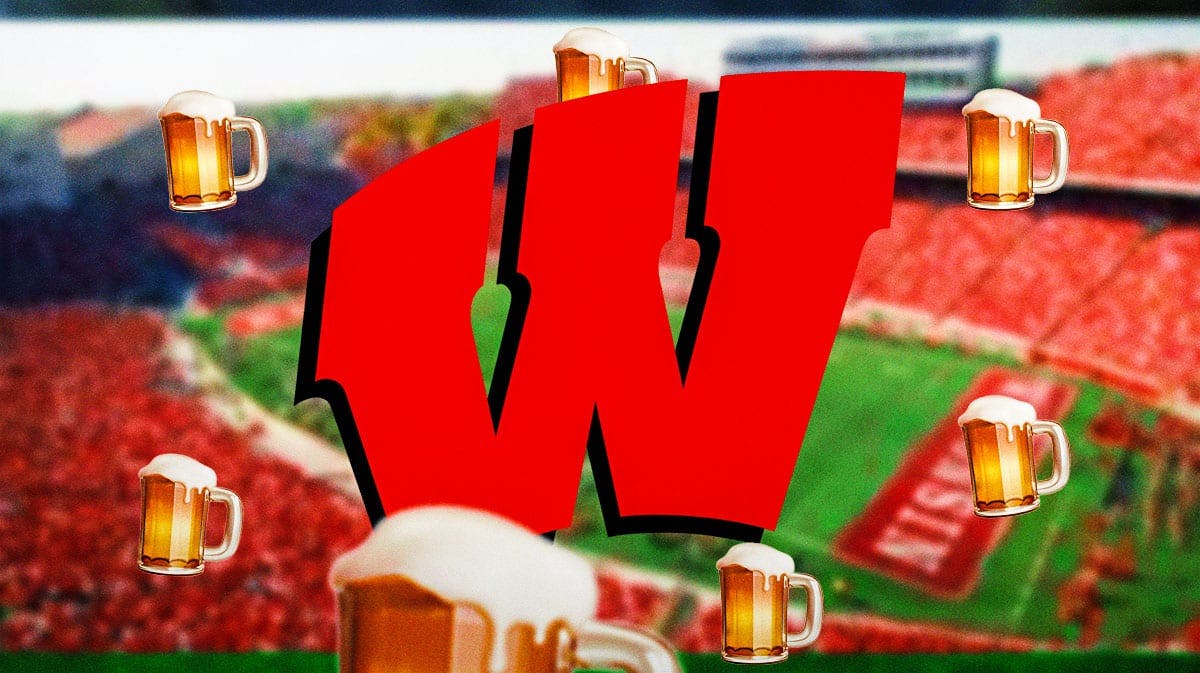 Wisconsin football, Badgers, Wisconsin football alcohol, Wisconsin alcohol, Wisconsin football alcohol sales, Wisconsin logo and beer emoji with Wisconsin football stadium in the background