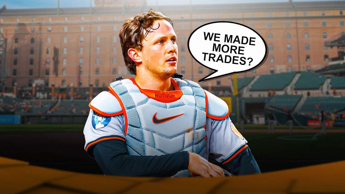 Orioles Adley Rutschman saying the following: We made more trades? Camden Yards background.