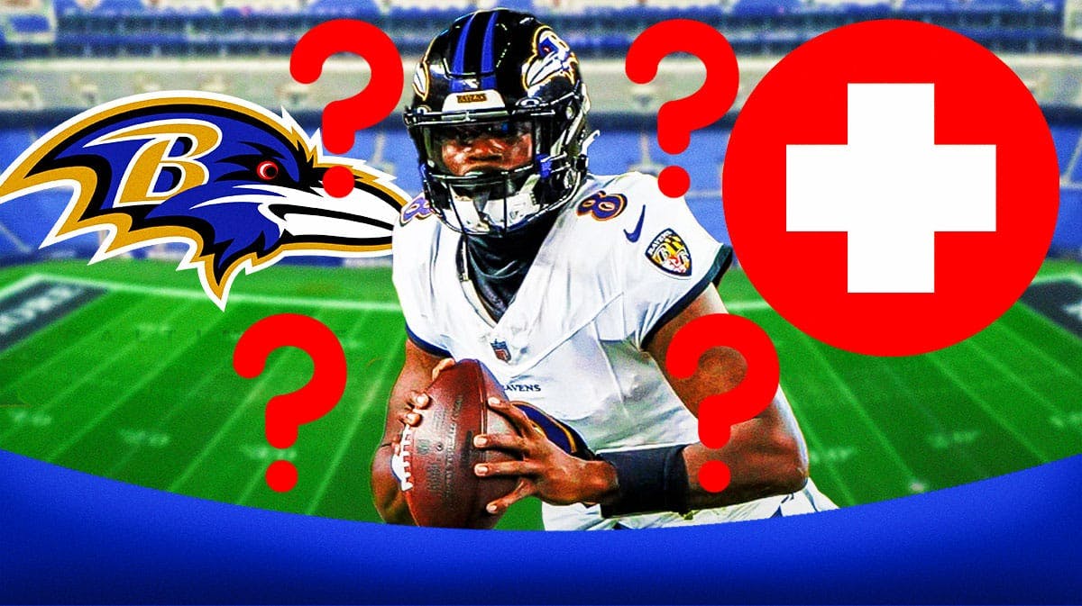 Baltimore Ravens QB Lamar Jackson with an injury symbol next to him. He is also surrounded by red question mark emojis. There is also a logo for the Baltimore Ravens.