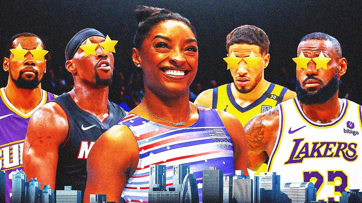 U.S. gymnast Simone Biles in the center, with cut-outs of Los Angeles Lakers player LeBron James (with stars in his eyes), Indiana Pacers player Tyrese Haliburton (with stars in his eyes), Miama Heat player Bam Adebayo (with stars in his eyes) and Phoenix Suns player Kevin Durant (also with stars in his eyes) Basically, all the basketball players need to look like they are looking at Simone Biles in the center, and they all need stars in their eyes