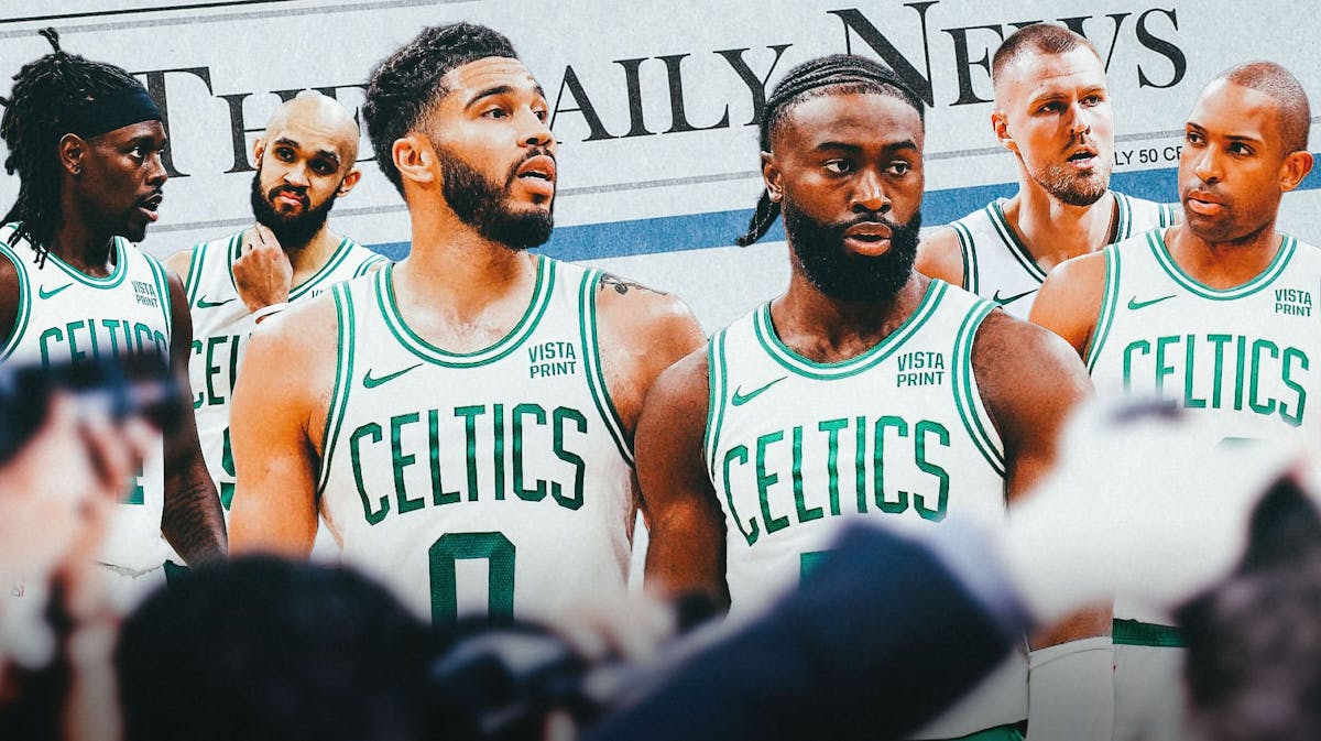 A newspaper as the background, Jayson Tatum and Jaylen Brown in the middle, Kristaps Porzingis and Al Horford on one side, Derrick White and Jrue Holiday on the other side