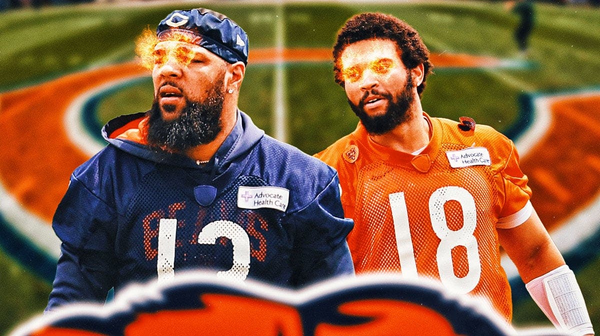 Caleb Williams, Keenan Allen with fire in their eyes featuring a Bears colored background