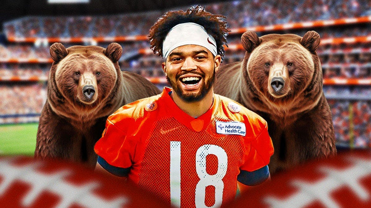 Chicago Bears quarterback Caleb Williams flanked by two grizzly bears