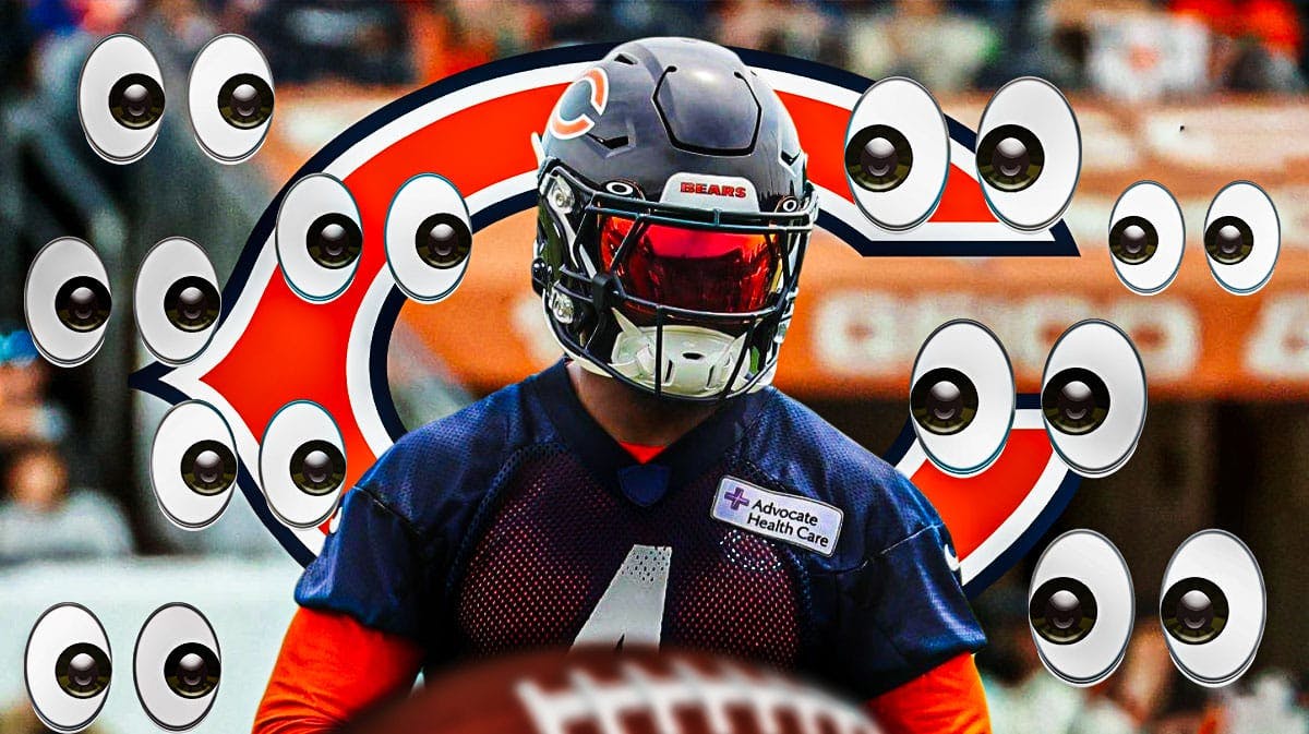 Chicago Bears running back D’Andre Swift surrounded by eyeball emojis. There is also a logo for the Chicago Bears.