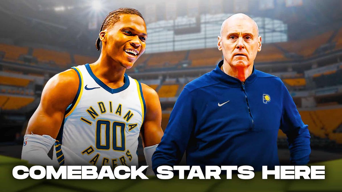 Pacers' Bennedict Mathurin and Rick Carlisle smiling, with caption below: COMEBACK STARTS HERE