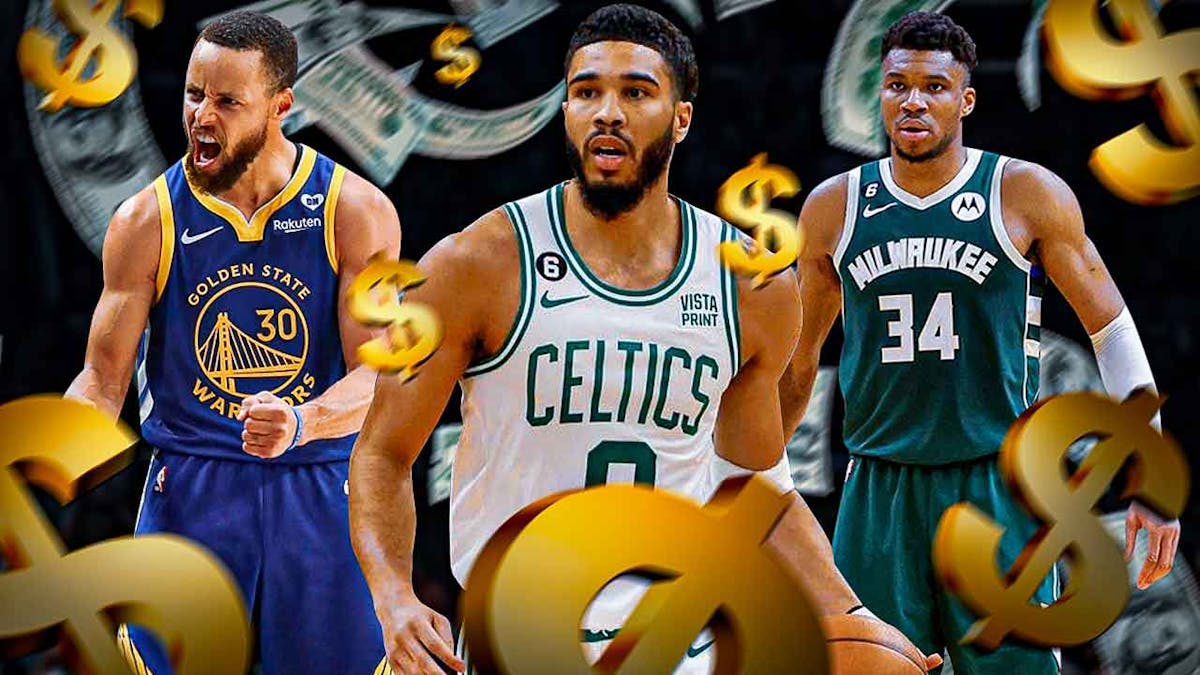 Jayson Tatum in the middle. On the sides of him are Steph Curry and Giannis Antetokounmpo. Cash and dollar signs all around the graphic.